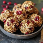 Close-up view of juicy Cranberry Orange Protein Bites with oats and cranberries.