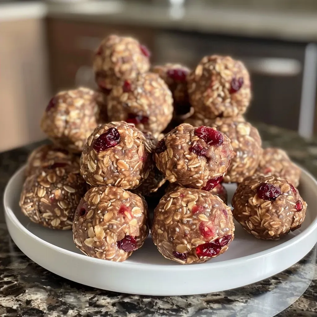 Side view of a colorful cluster of Cranberry Orange Protein Bites on a wooden surface.