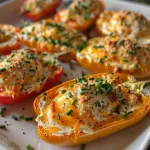 Close-up view of colorful cream cheese stuffed mini peppers, showcasing vibrant red, yellow, and orange hues.