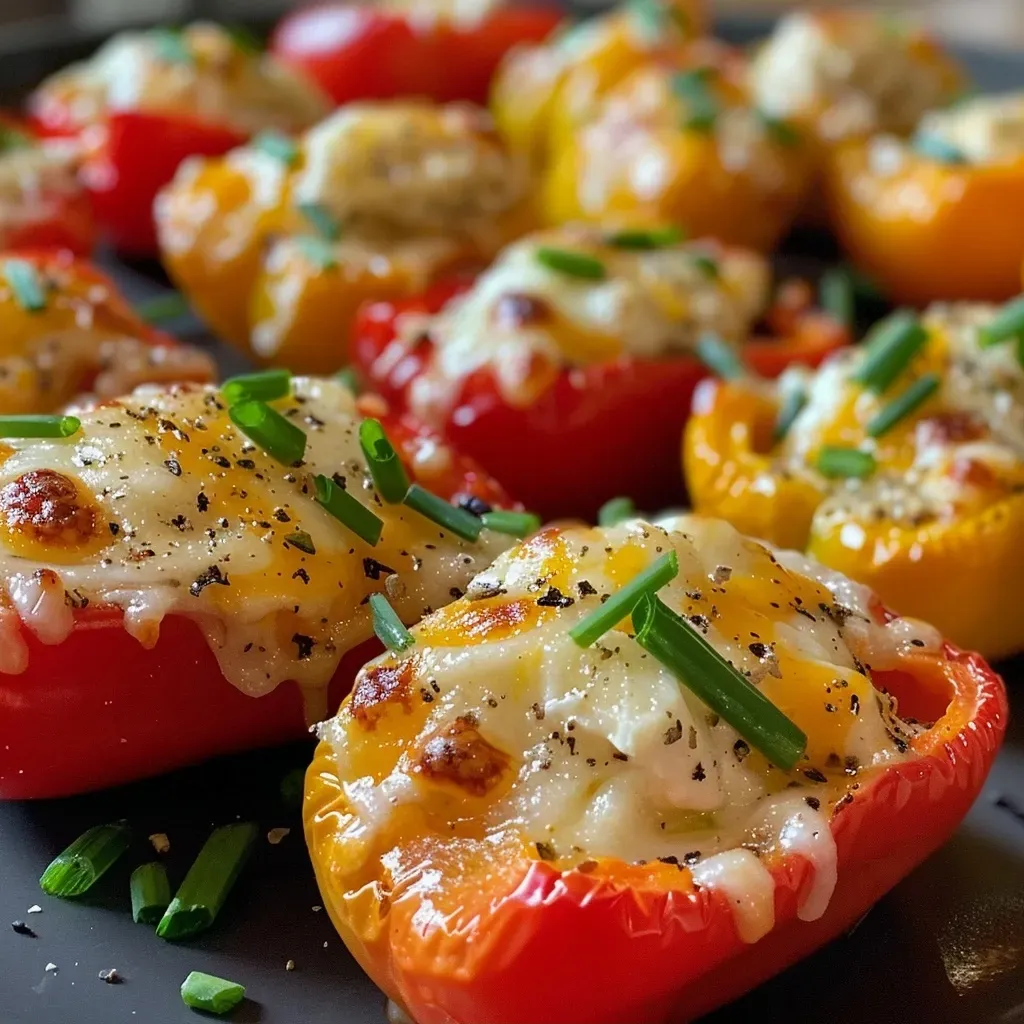 Side view of mini sweet peppers filled with creamy cheese mixture, garnished with chopped chives.