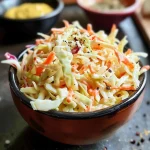 Close-up view of creamy coleslaw with vibrant shredded cabbage and carrots.