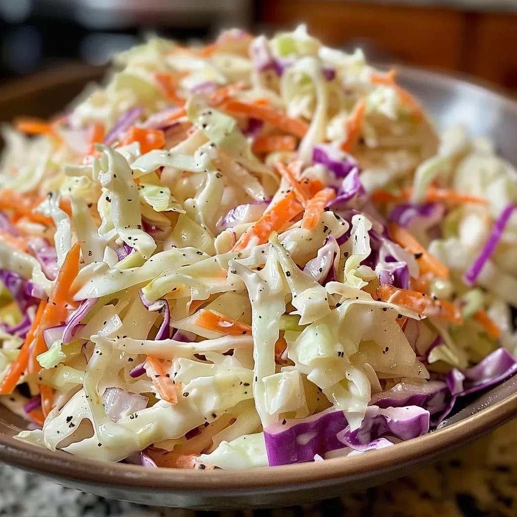 Side view of a bowl filled with healthy coleslaw, showcasing its creamy texture.
