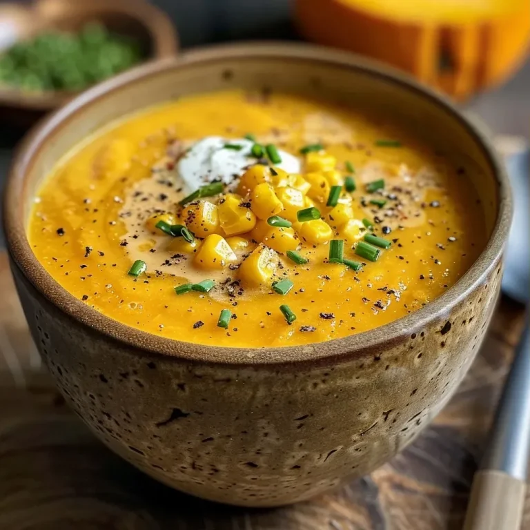 Embrace Cozy Evenings with Mum’s Creamy Pumpkin and Corn Soup A close-up side view of a bowl of creamy pumpkin and corn soup, garnished with chives.