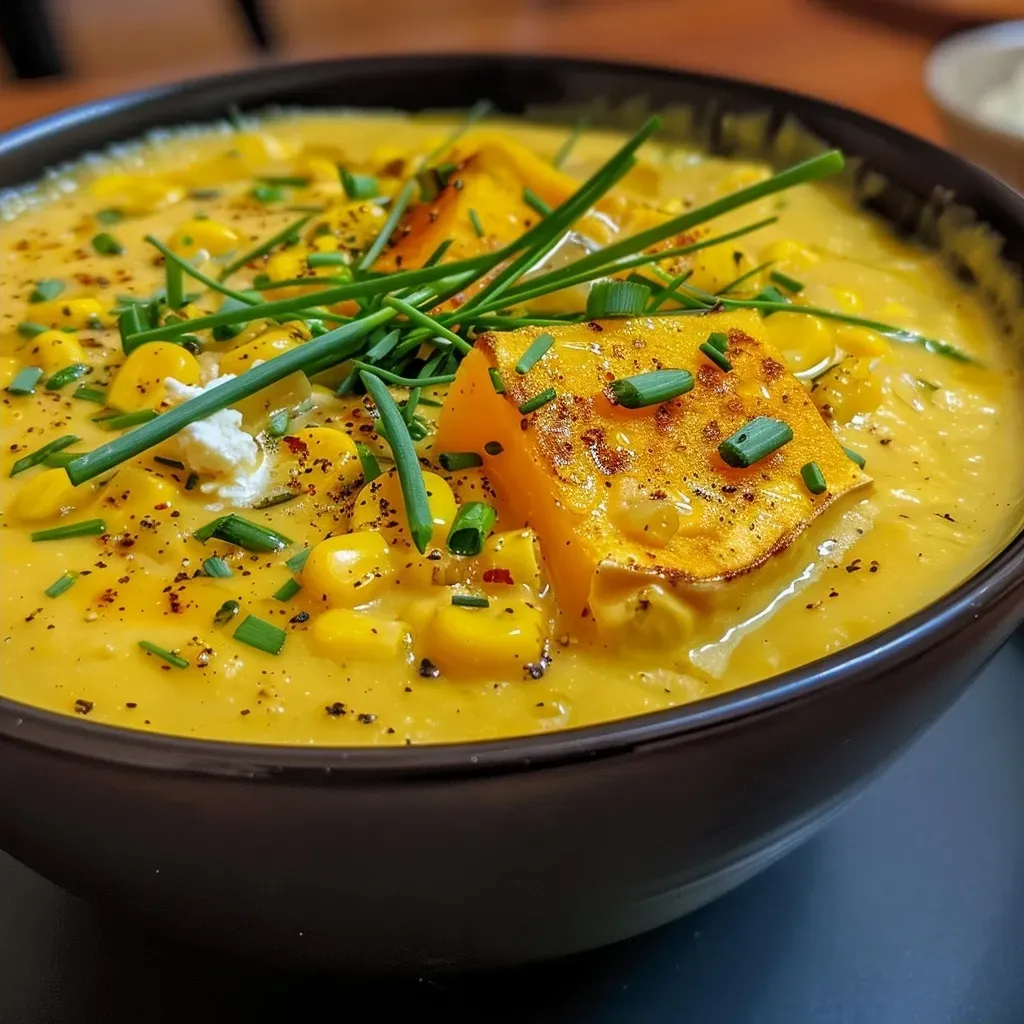 A vibrant bowl of pumpkin and corn soup with a rich, creamy texture and a sprinkle of chives.