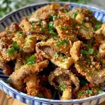 Close-up view of crispy, golden popcorn mushrooms, showcasing their texture.