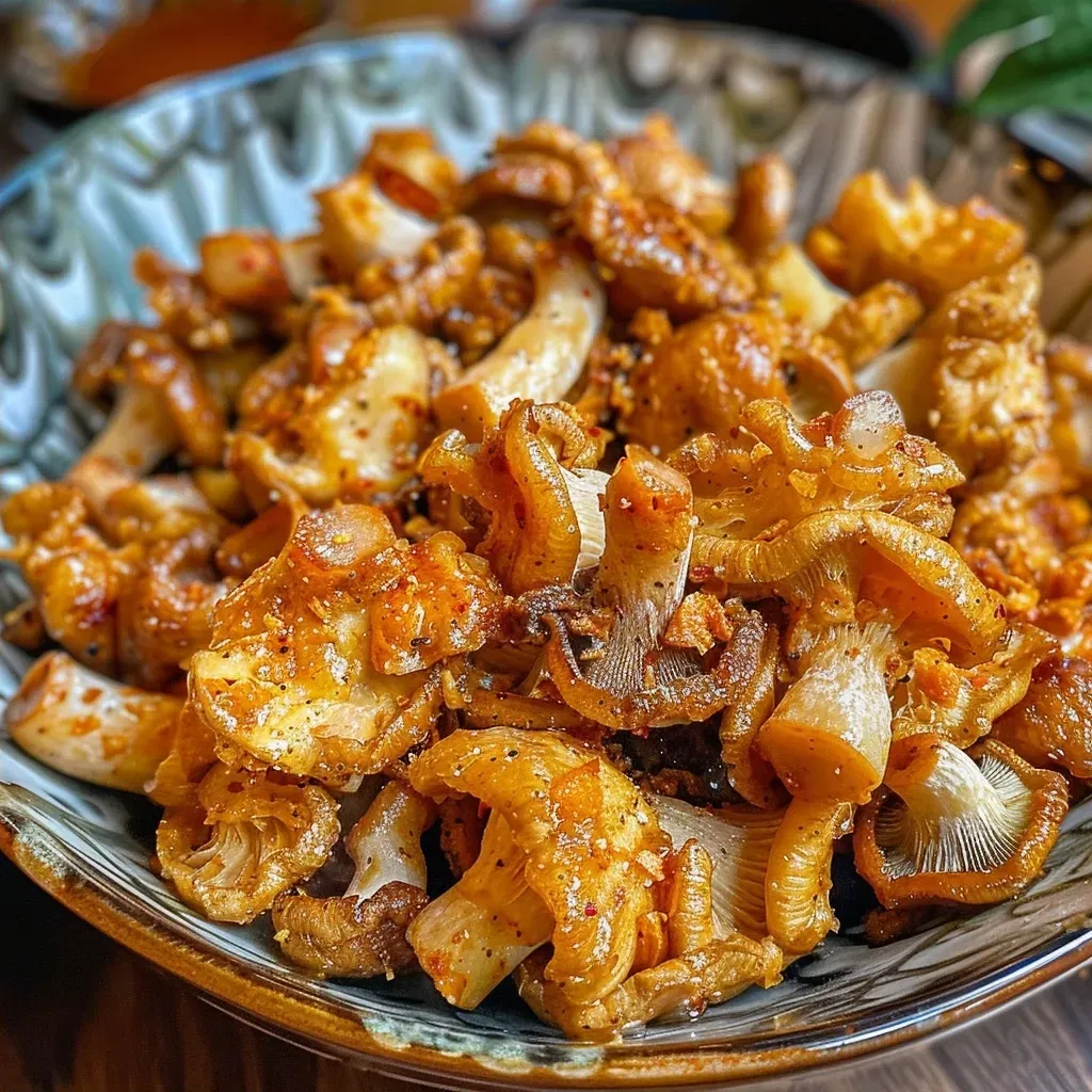 Side angle of fried Taiwanese-style popcorn mushrooms garnished with herbs.