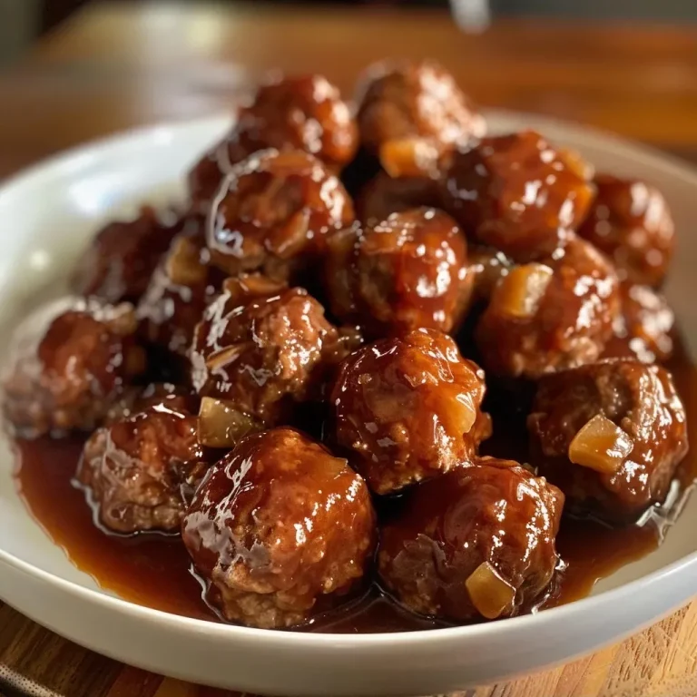 Effortless Comfort: Sweet and Savory Apple Butter Meatballs in Your Crockpot Close-up view of juicy Crockpot Apple Butter Meatballs glistening with BBQ sauce.