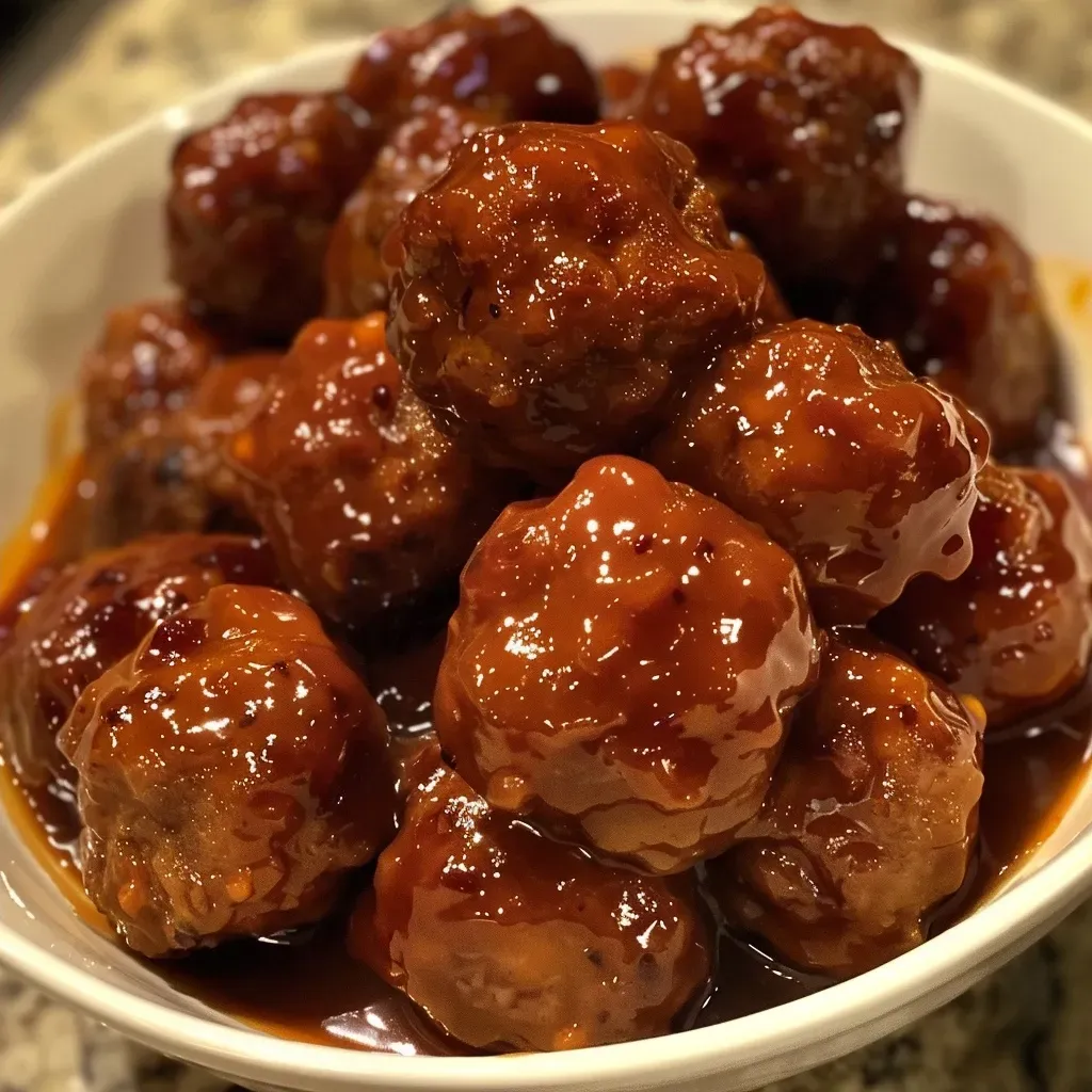 Side angle of delicious meatballs coated in apple butter and BBQ sauce in a crockpot.