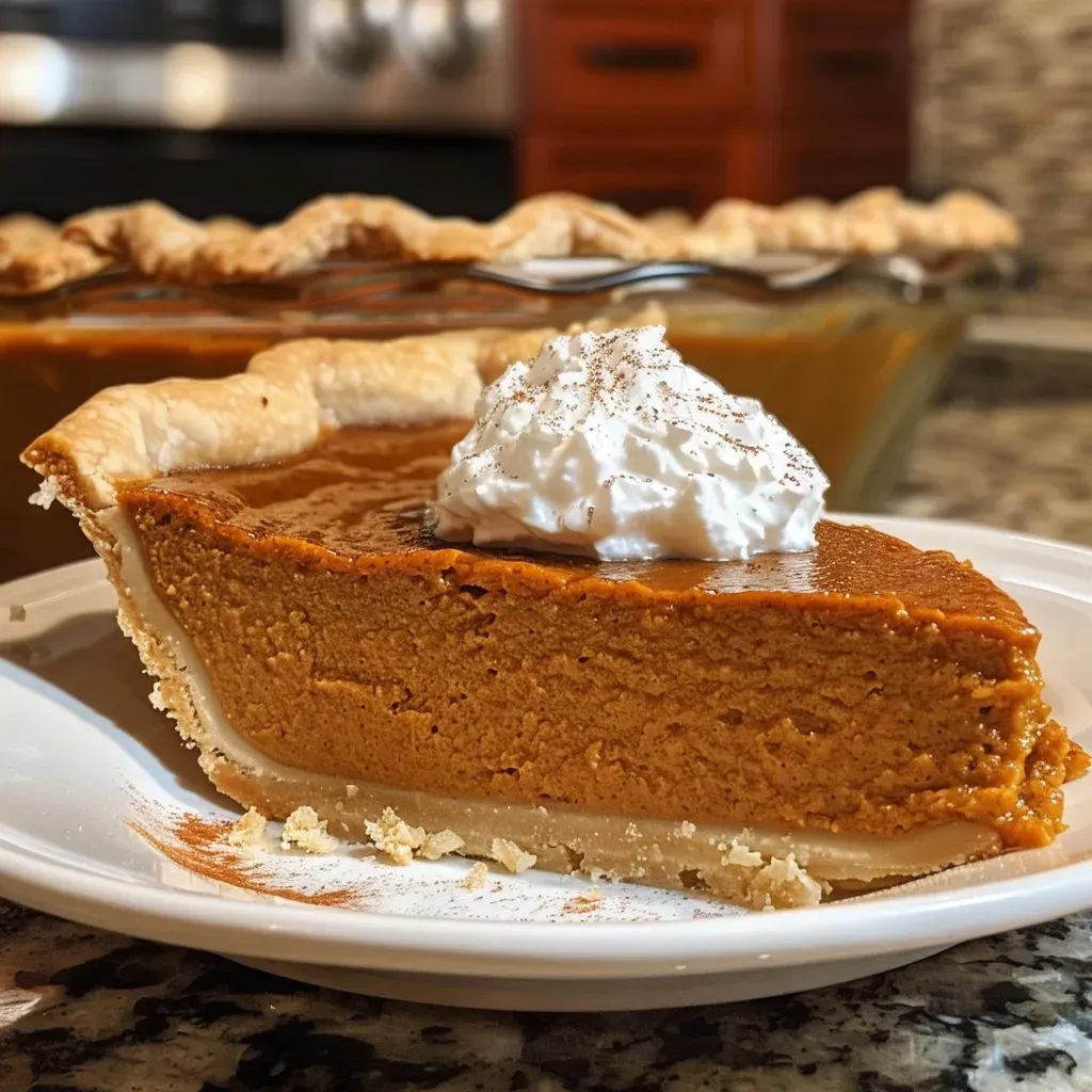 Detailed image of a slice of crustless pumpkin pie with a smooth, spiced filling.