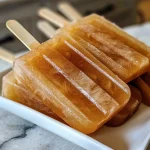 Close-up view of a refreshing apple popsicle on a wooden stick.