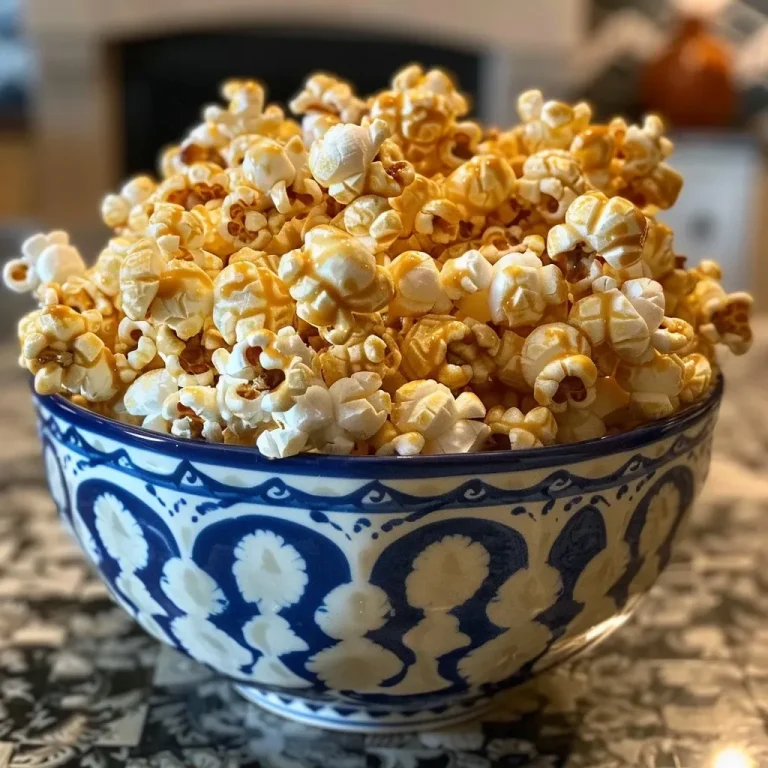 Close-up view of fluffy caramel corn drizzled with golden caramel sauce.
