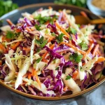 Close-up view of a bowl of coleslaw with green and red cabbage, carrots, and dressing.