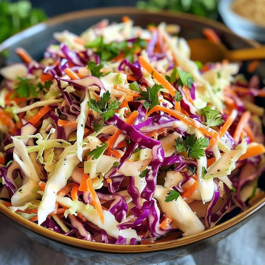 Close-up view of a bowl of coleslaw with green and red cabbage, carrots, and dressing.
