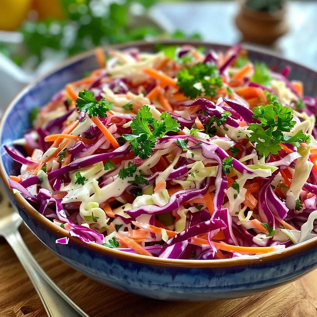 Fresh coleslaw featuring shredded cabbage, carrots, and colorful herbs in a bright bowl.
