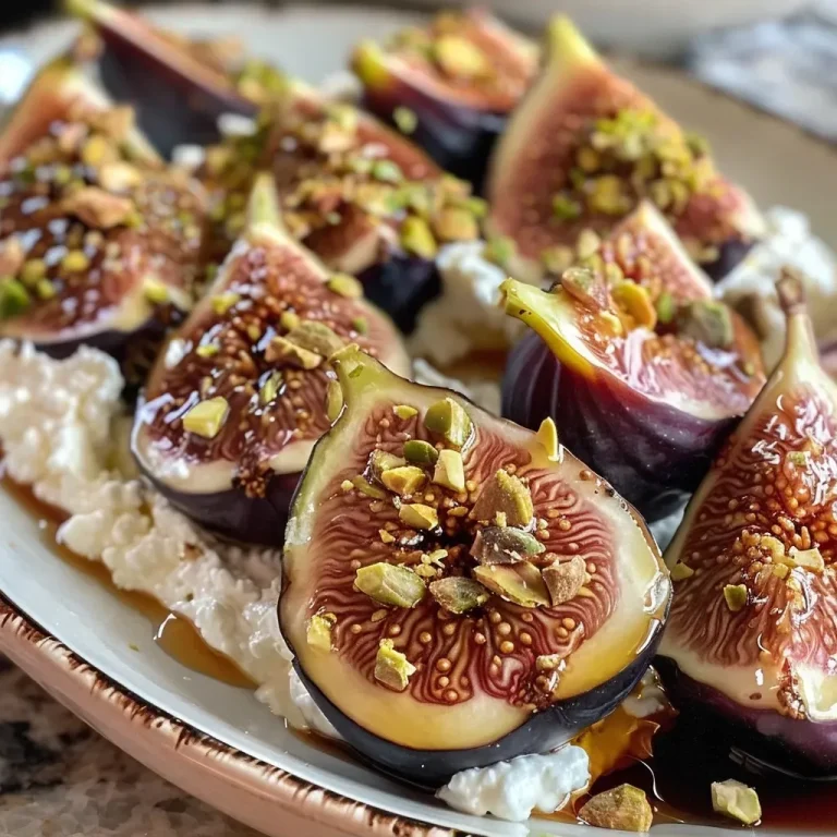 A Delightful Appetizer: Figs with Ricotta, Pistachios, and Honey Close-up view of sliced figs topped with ricotta, pistachios, and honey.