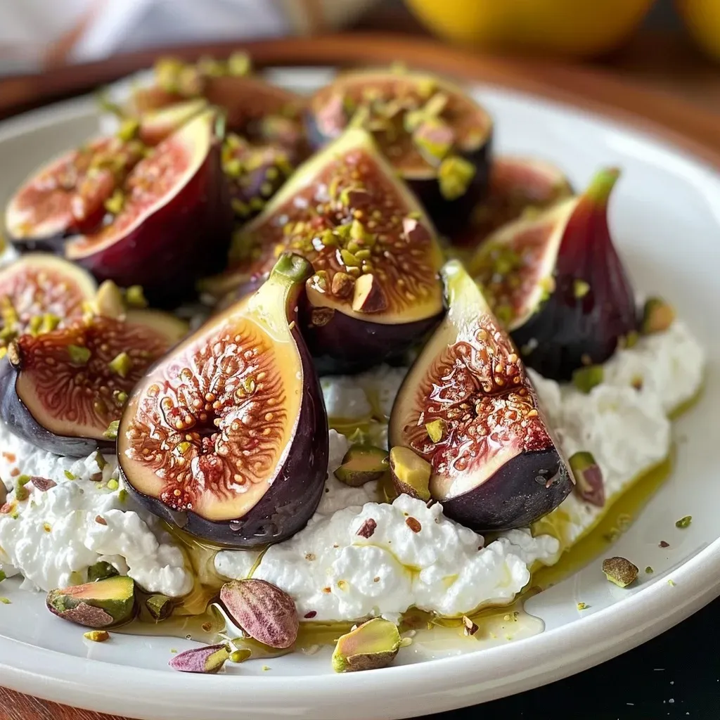 Fresh figs filled with creamy ricotta, garnished with chopped pistachios and honey drizzle.