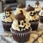 Close-up view of decorated ghost-themed cupcakes with black frosting on a white plate.