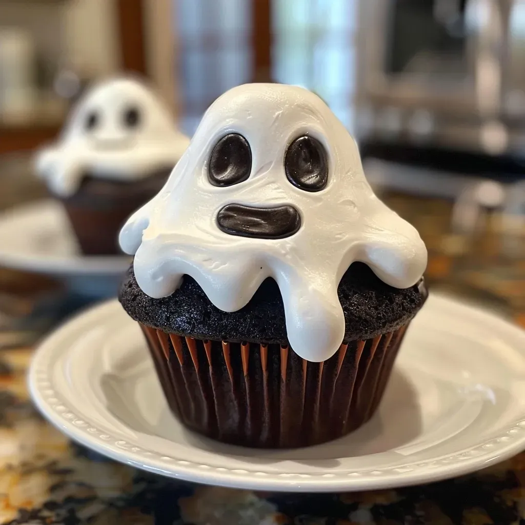 Side view of easy ghost cupcakes featuring chocolate and vanilla frosting designs.