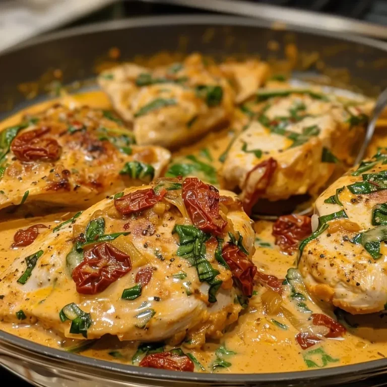 Fall in Love with Dinner: The Quick and Irresistible Marry Me Chicken Close-up of juicy chicken in creamy tomato sauce garnished with spinach and sun-dried tomatoes.