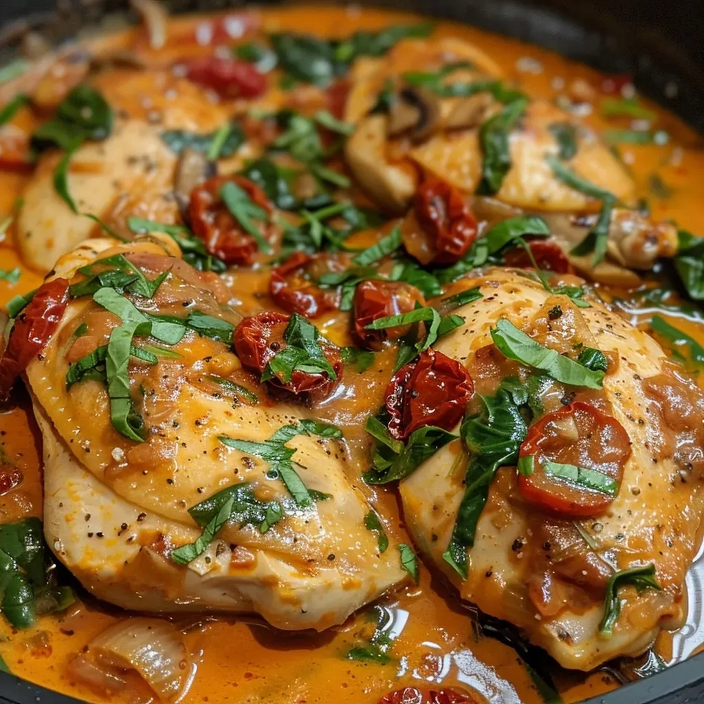 Side view of cooked chicken in a rich, creamy sauce surrounded by vibrant spinach and sun-dried tomatoes.