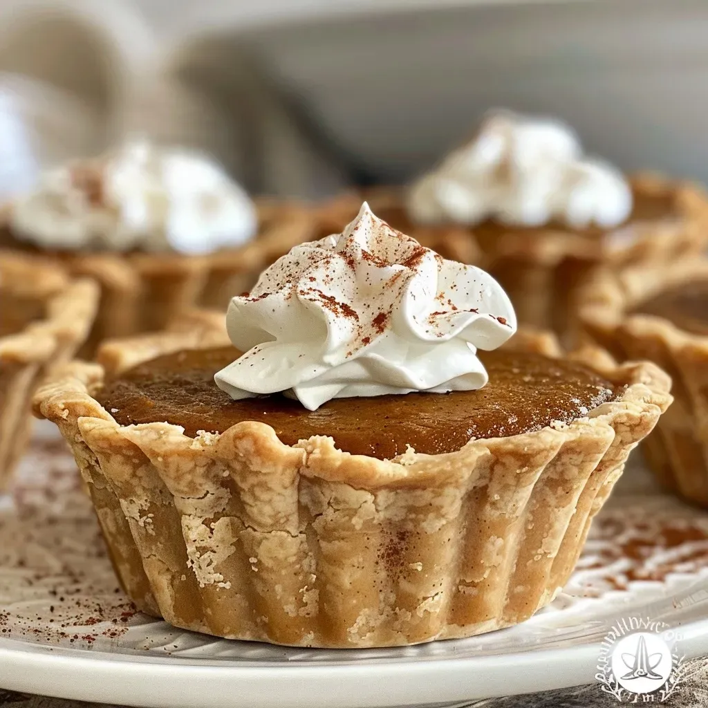 Side angle of delicious mini pumpkin pies on a wooden surface, showcasing their rich color.