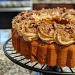 Close-up side view of a moist pumpkin cake topped with cream cheese frosting and walnuts.