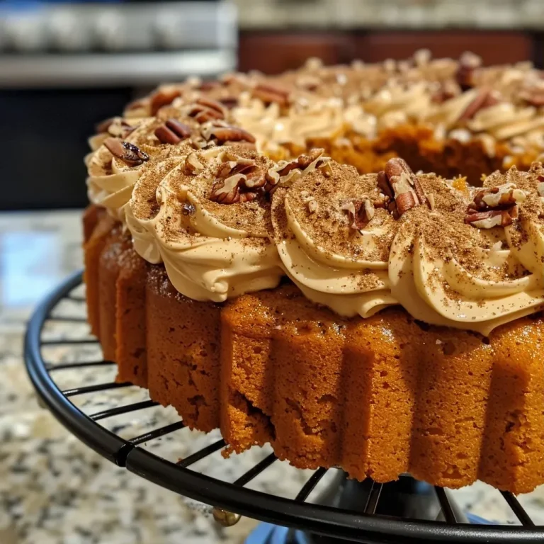 Close-up side view of a moist pumpkin cake topped with cream cheese frosting and walnuts.