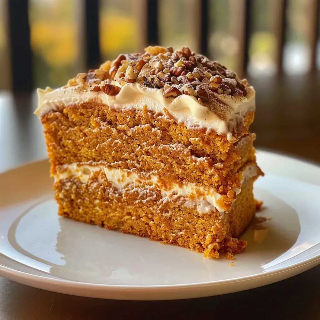A slice of easy pumpkin cake with a rich frosting and nuts, set against a wooden background.