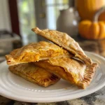 A close-up photo of golden-brown pumpkin hand pies with flaky crust.