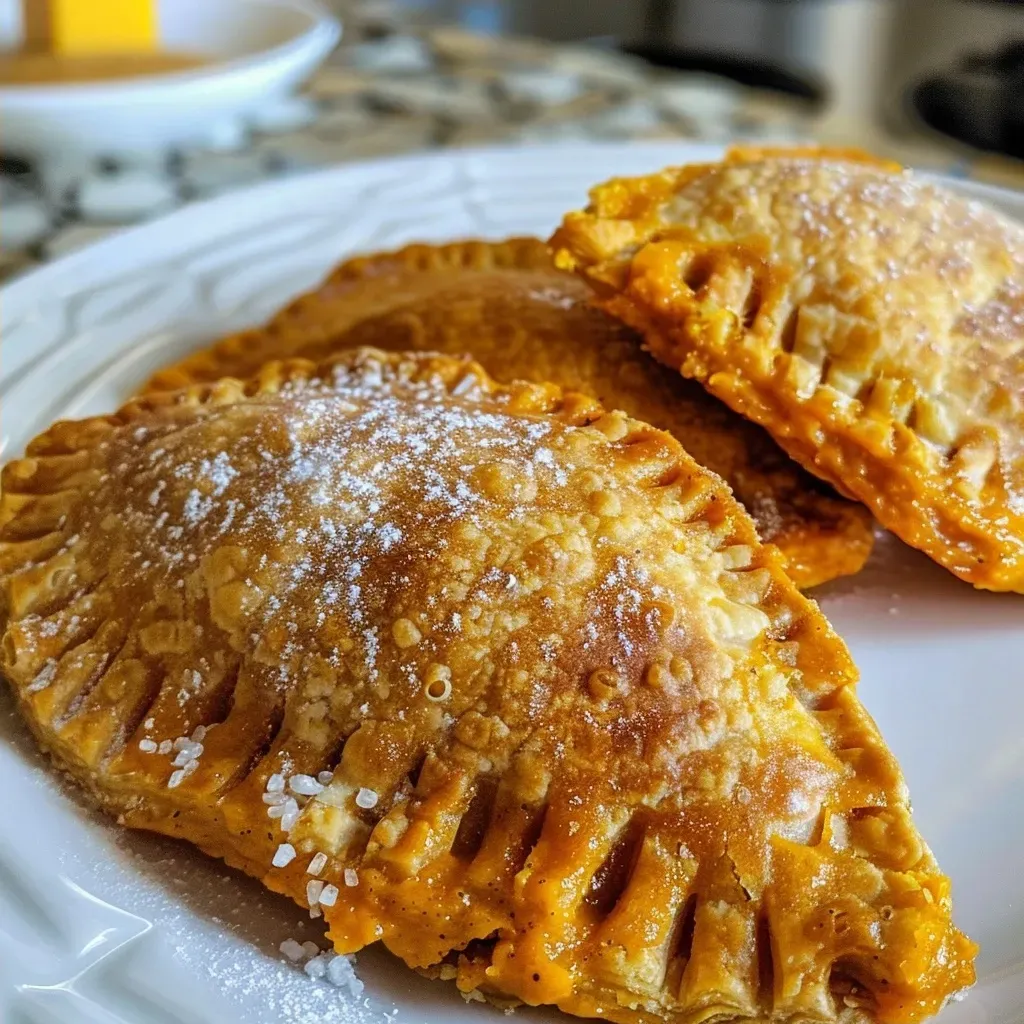 Side view of delicious pumpkin hand pies filled with pumpkin filling.