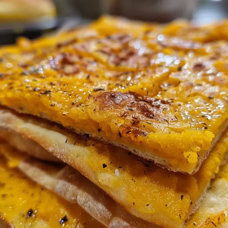 Close-up of golden-brown pumpkin flatbread on a wooden surface.