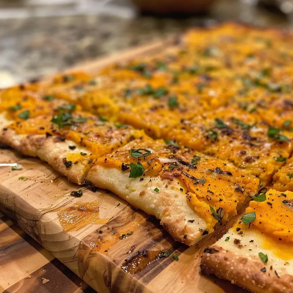 Side view of freshly cooked pumpkin flatbread, showcasing its texture.