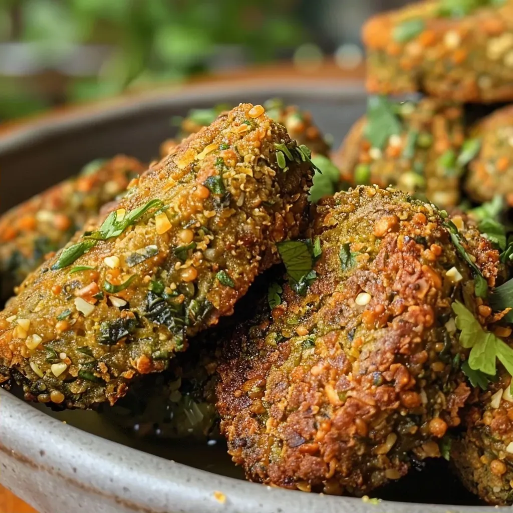 Juicy falafel witch fingers with a side of vibrant hot sauce, highlighting the textures.