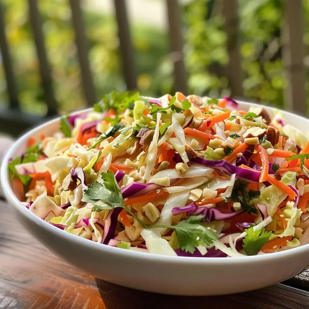 Side view of a fresh fall slaw with vibrant colors, including cabbage and carrot, topped with sliced pears and almonds.