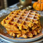Close-up of golden-brown flourless pumpkin waffles with a drizzle of maple syrup.