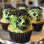 A close-up view of vibrant green Frankenstein cupcakes with candy eyeballs and chocolate sprinkles.
