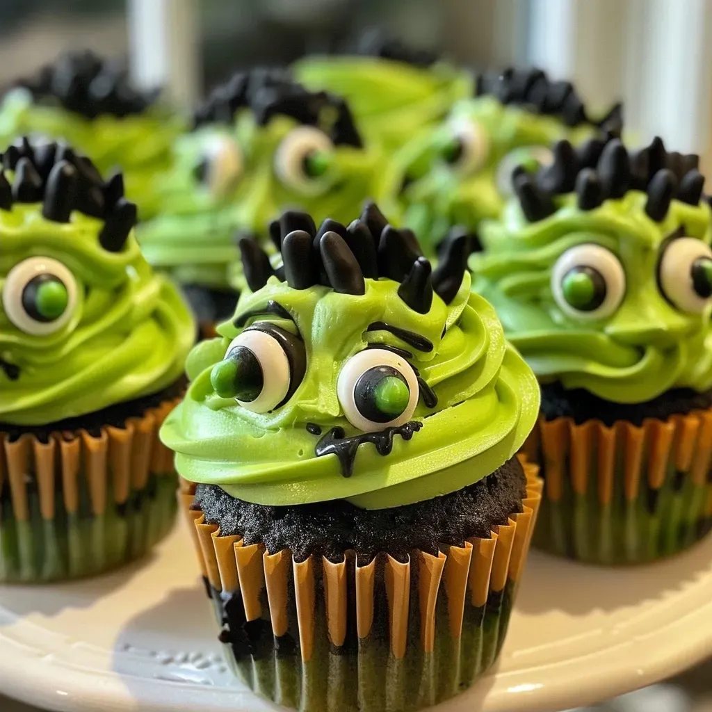 Side view of whimsical Frankenstein-themed cupcakes, featuring green frosting and decorative candy eyes.
