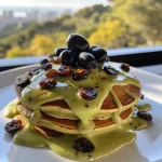 Close-up view of stacked pancake layers topped with fruit and whipped cream.