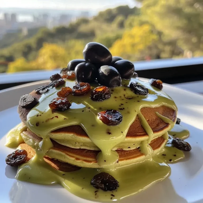 Close-up view of stacked pancake layers topped with fruit and whipped cream.