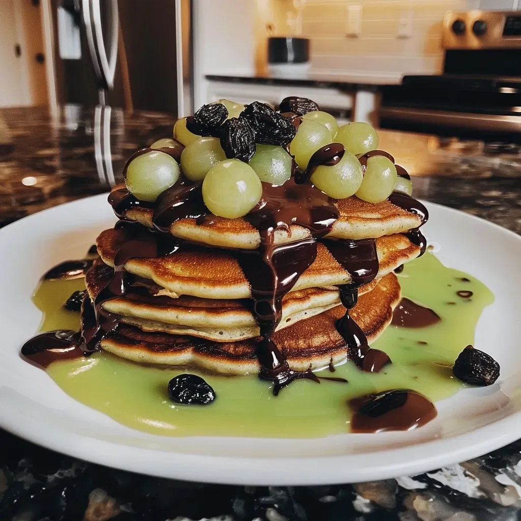 Side view of Frankenstein Pancakes with bananas, strawberries, blueberries, and syrup.