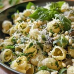 A close-up view of vibrant green Frankenstein Pasta with fresh basil and mozzarella.