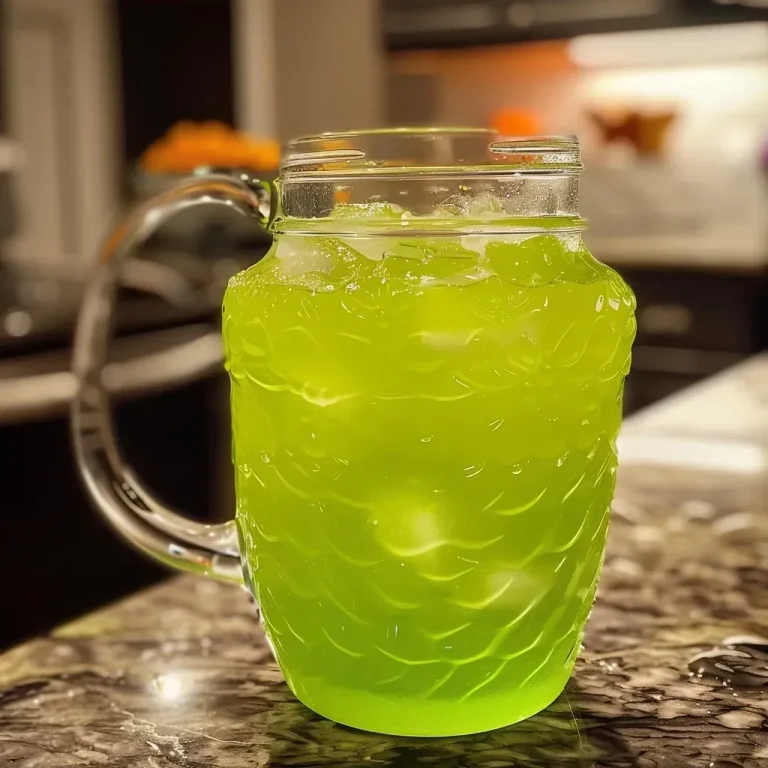 A vibrant green drink in a clear glass with ice cubes, garnished with a slice of pineapple.