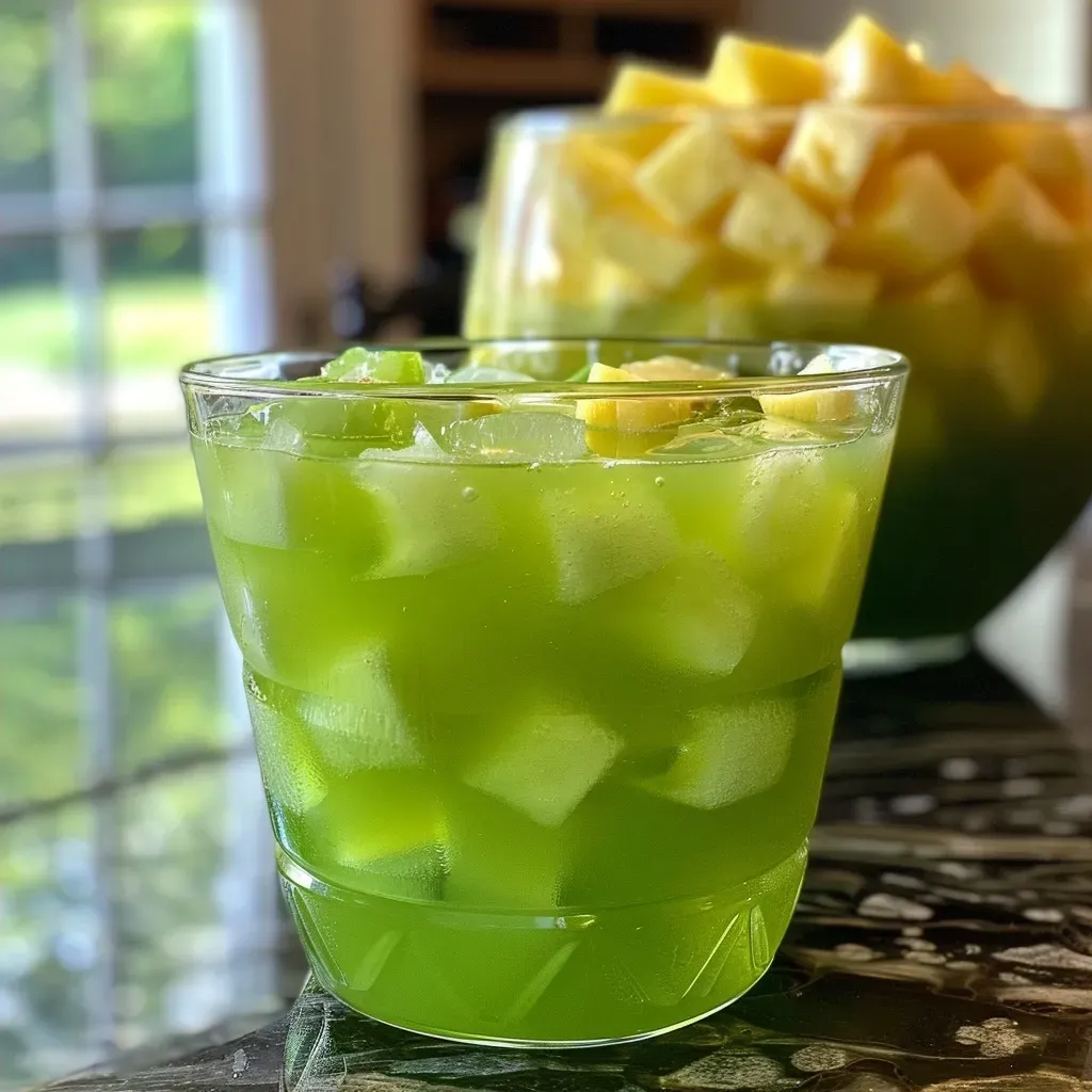 Close-up view of a refreshing Frankenstein Punch, featuring bright green hues and ice.