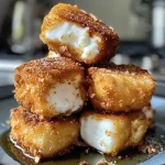 Close-up of golden, crispy fried marshmallows on a plate.