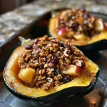 Close-up view of a halved acorn squash filled with fruit and nut mixture, garnished with cranberries.