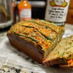 Close-up side view of a Garden Harvest Vegetable Bread Loaf with vibrant vegetables visible.