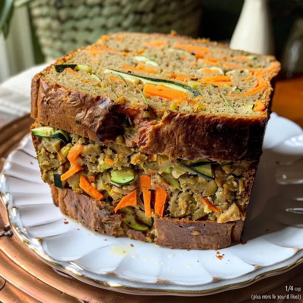 Freshly baked vegetable bread loaf showcasing grated zucchini and carrots.