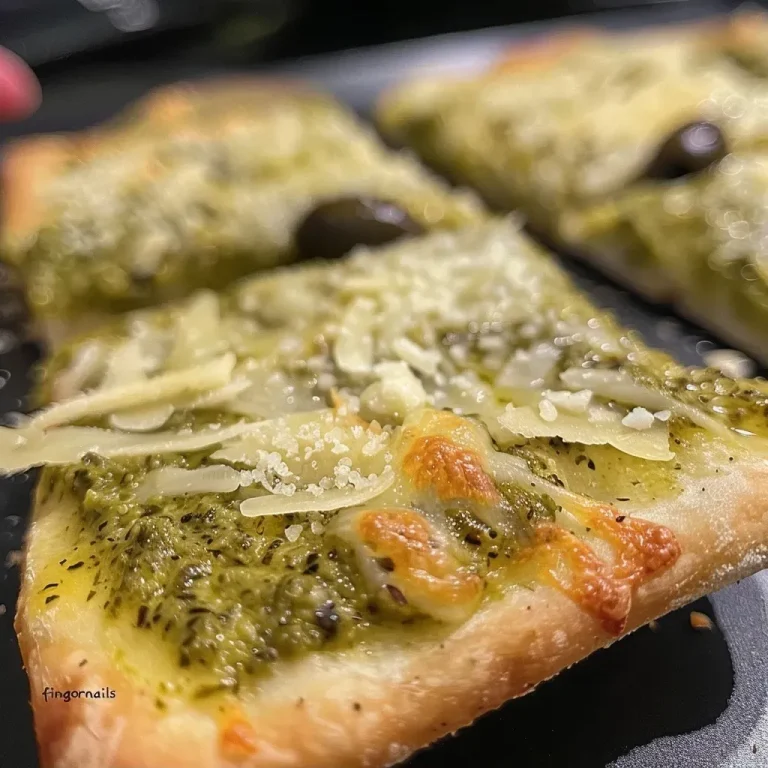 Spooky Snack Magic: Garlic Pesto Flatbread “Witch Fingers” for a Fun Feast Close-up view of Garlic Pesto Flatbread shaped like witch fingers with olives as nails.