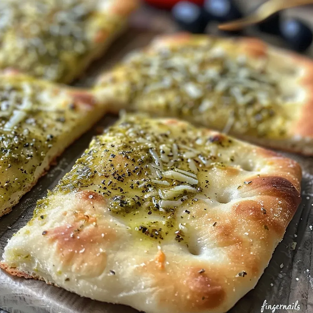 Side view of a flatbread with pesto, garnished with black olives resembling witch fingers.
