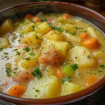 A bowl of German Potato Soup with visible chunks of potatoes, carrots, and sliced kielbasa.
